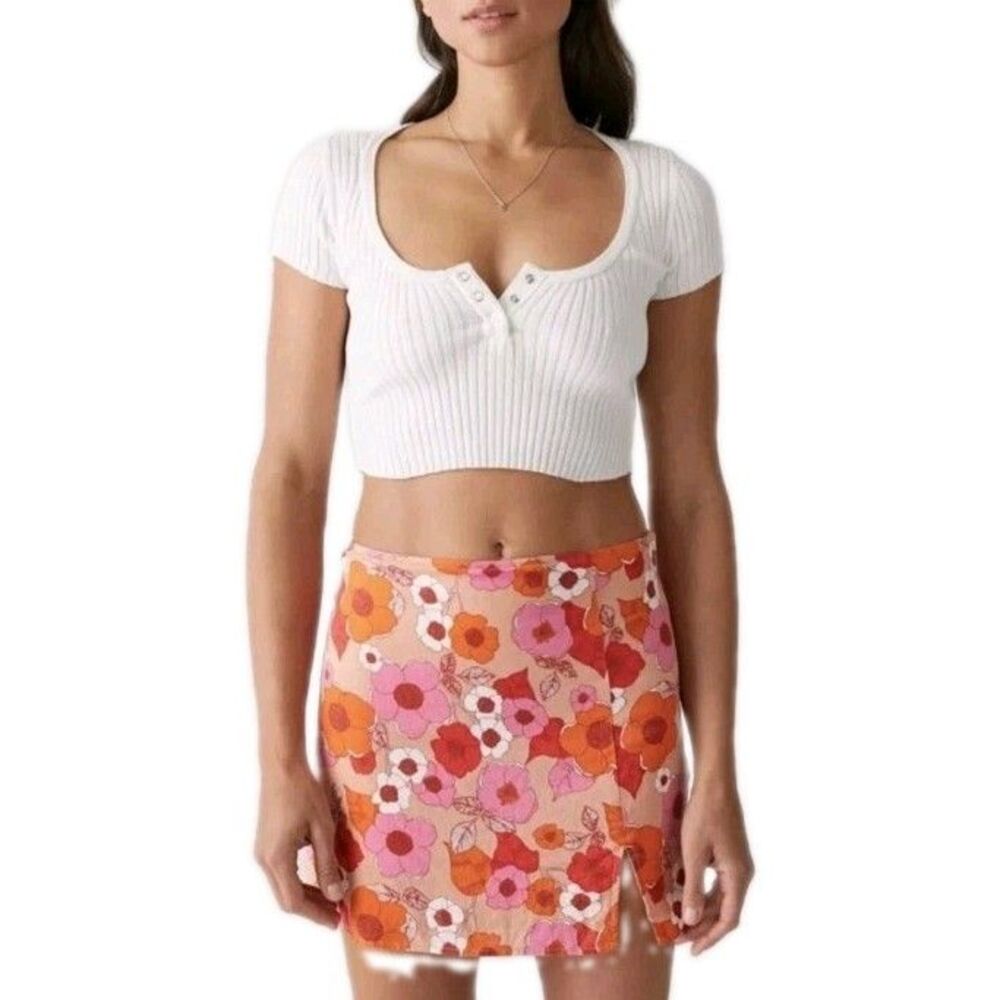Urban Outfitters Floral Linen Blend Mini Skirt Womens S Pink Orange Retro 70s